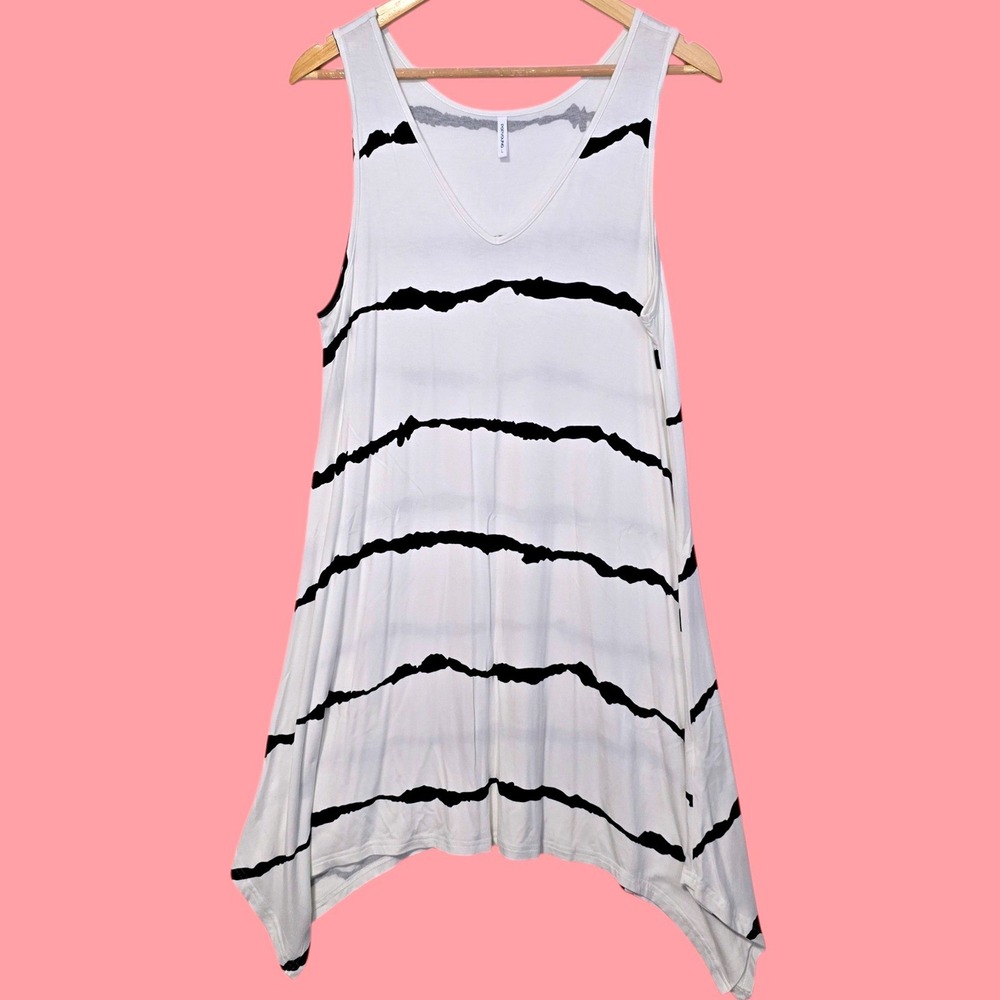 Popyoung Womens Size L Swim Cover Up Dress White Black Striped Asymmetrical Hem